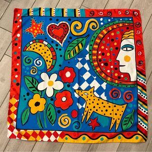 Vintage 80s Colorful Face Shapes Polyester Scarf 35”